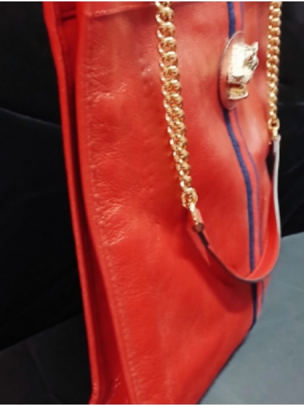 Gucci Rajah Tote w/accessory bag, Red leather, Navy & Gold trim w/enamel tiger❤️ - Picture 4 of 9